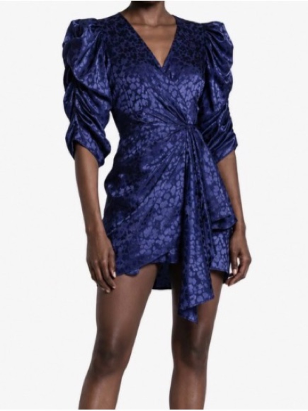 Ronny Kobo Amara Medieval Blue Floral Puff Sleeve Wrap Mini Dress Small I18